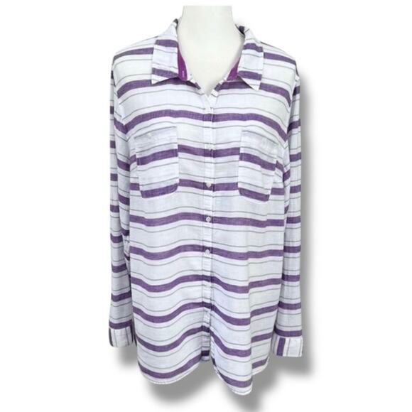 Lane Bryant Tunic Top Women Plus 22/24 White Purple Striped Linen Button Shirt - Picture 1 of 10